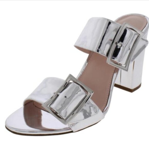 Silver Mirror Metallic Millie buckle wide strap block heel party mules 6.5 NIB - Picture 4 of 7